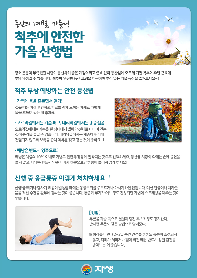 자생한방병원 건강정보 - 등산의 계절, 가을~! 척추에 안전한 가을 산행법/아래참조