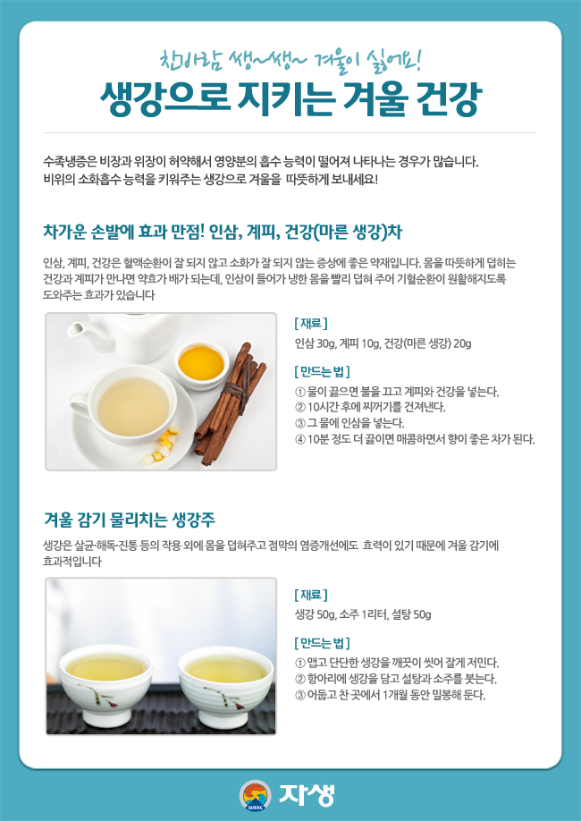 자생한방병원 건강정보 - 찬바람 쌩~쌩~ 겨울이 싫어요! / 생강으로 지키는 겨울 건강. 아래내용 참조