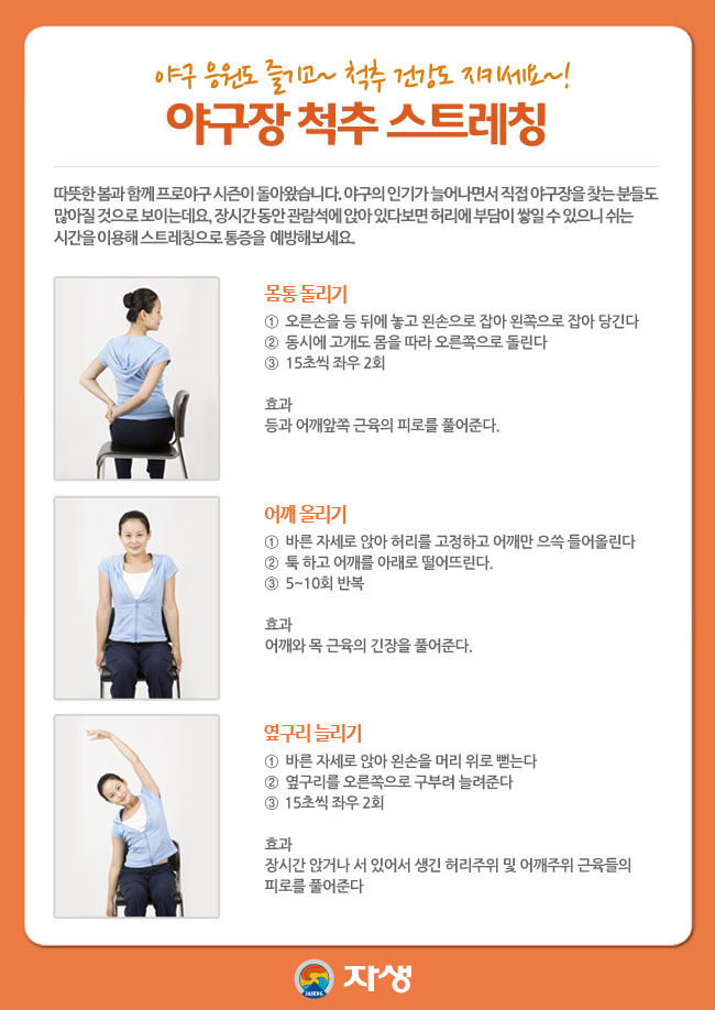 자생한방병원 건강정보 - 야구 응원도 즐기고~ 척추 건강도 지키세요~! 야구장 척추 스트레칭. 아래내용 참조