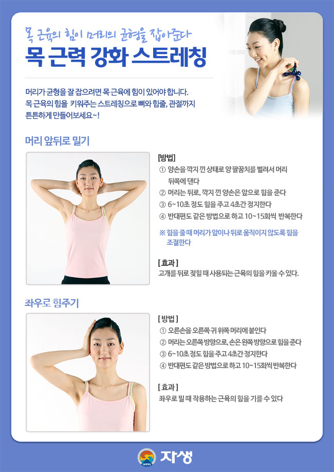 자생한방병원 건강정보 - 목 근육의 힘이 머리의 균형을 잡아준다! 목 근력 강화 스트레칭. 아래내용 참조