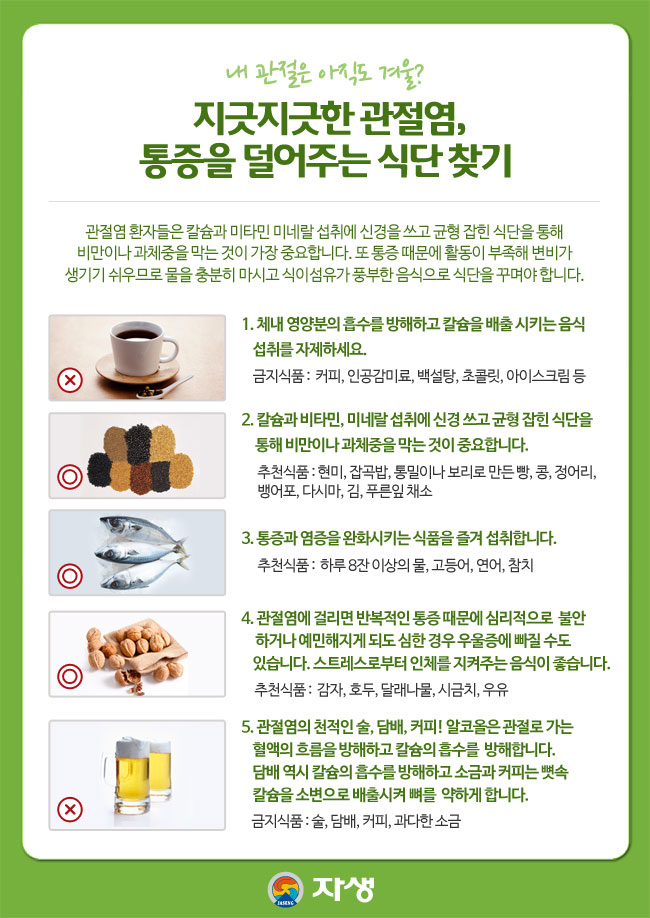 자생한방병원 건강정보 - 내 관절은 아직도 겨울?  지긋지긋한 관절염, 통증을 덜어주는 식단 찾기