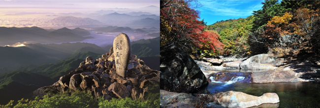 지리산천왕봉(좌측), 대원사계곡의 가을 경치(우측)