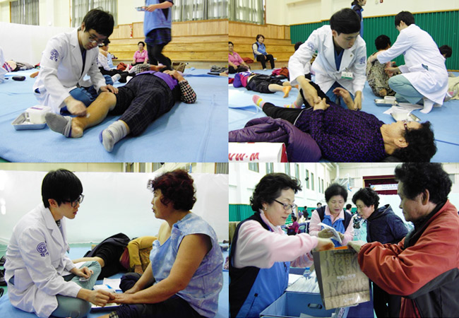 어르신들의 무릎, 손, 허리, 어깨 등 관절에 침치료를 진행하는 의료진 모습과 한방 약과 파스를 전달하는 자생 봉사단